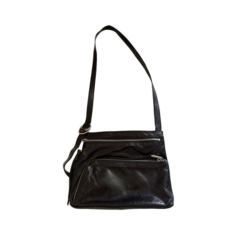 HOBO International Black Leather Crossbody Bag Multi Pocket Zip Organizer Purse